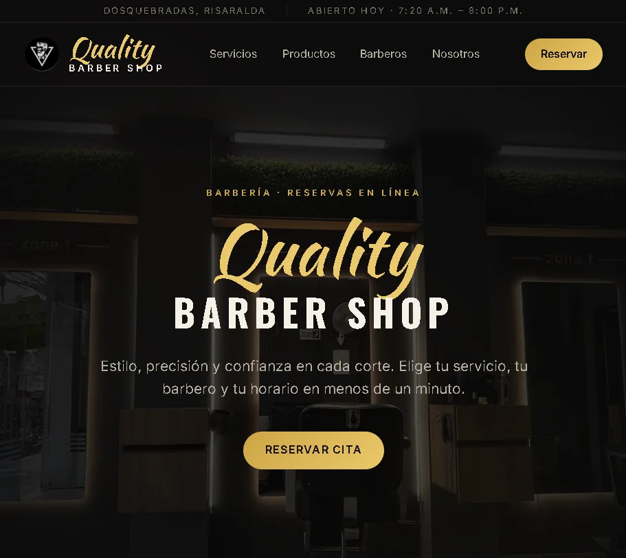 Portada del sitio de Quality Barber Shop, con su botón de reservar cita